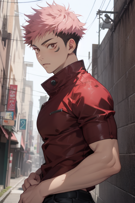 itadori yuuji,1boy,solo,male focus,pink hair,spiked hair,short hair,undercut,facial mark,brown  (7).png